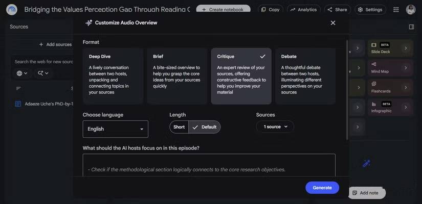 Hộp thoại Customize Audio Overview được hiển thị trên notebook trong Google Notebook