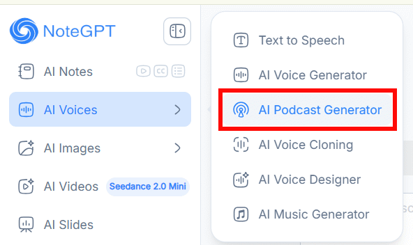 Tạo podcast trên NoteGPT