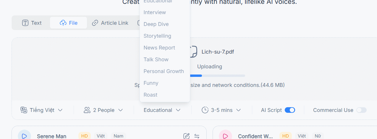 Thiết lập tạo podcast trên NoteGPT