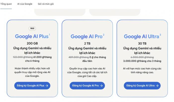 Các gói dịch vụ Google AI