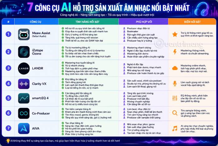 Bảng tổng quan các phần mềm AI làm nhạc nổi bật nhất