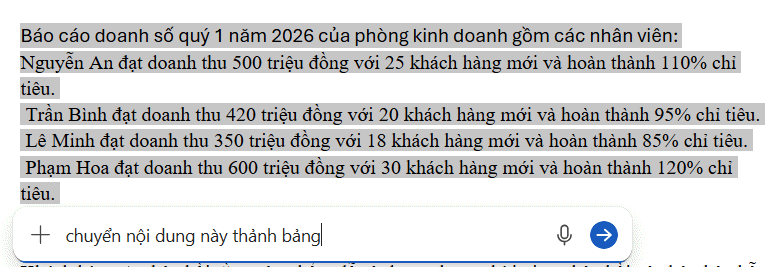 Chuyển nội dung thành bảng Word
