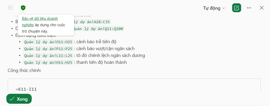 Thông tin xây dựng bảng dữ liệu bằng Copilot trên Excel