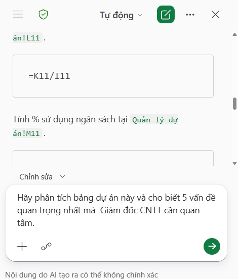 Lệnh phân tích bảng dữ liệu bằng Copilot trên Excel