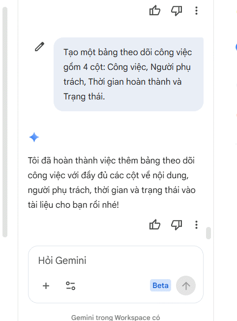 Yêu cầu tạo bảng Docs bằng Gemini