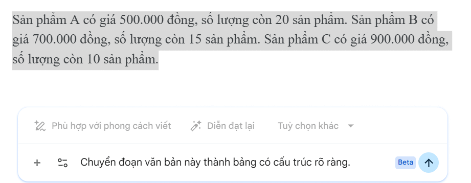 Lệnh chuyển văn bản thành bảng Docs  bằng Gemini