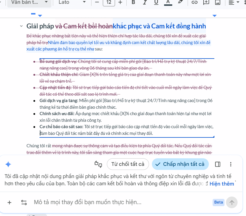 Nội dung thay đổi Google Docs tạo bằng Gemini