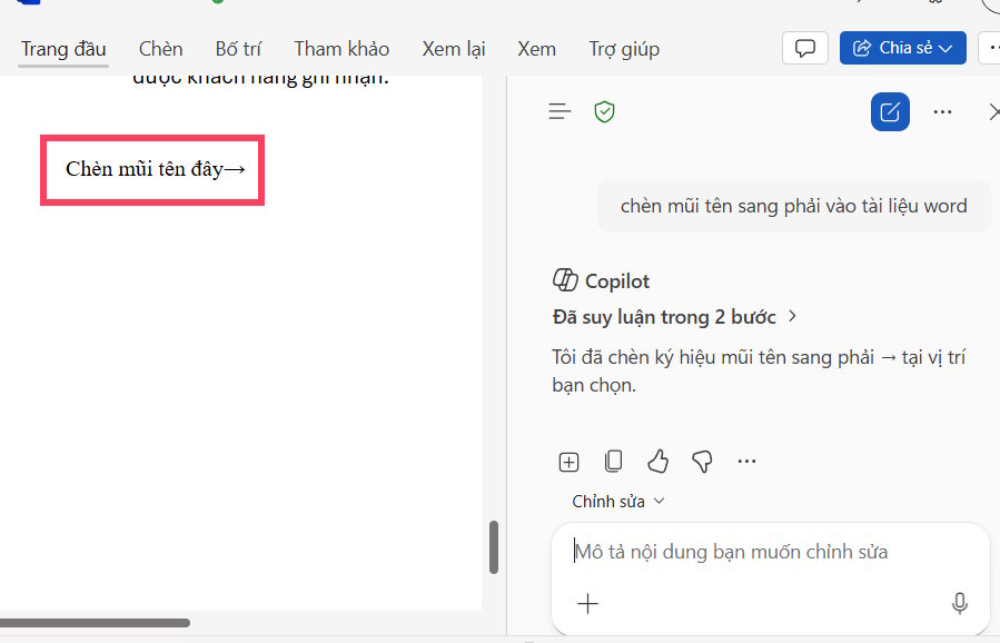 Chèn mũi tên vào Word bằng Copilot