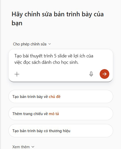 Câu lệnh tạo slide trên Copilot