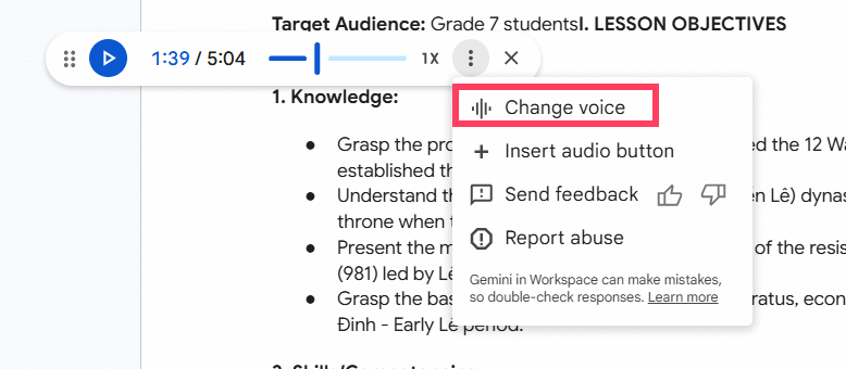 Đổi giọng đọc tài liệu Google Docs bằng Gemini