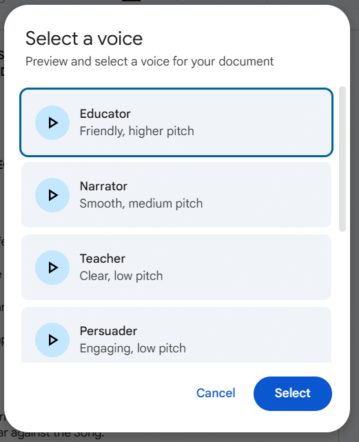 Chọn giọng đọc tài liệu mới Google Docs bằng Gemini