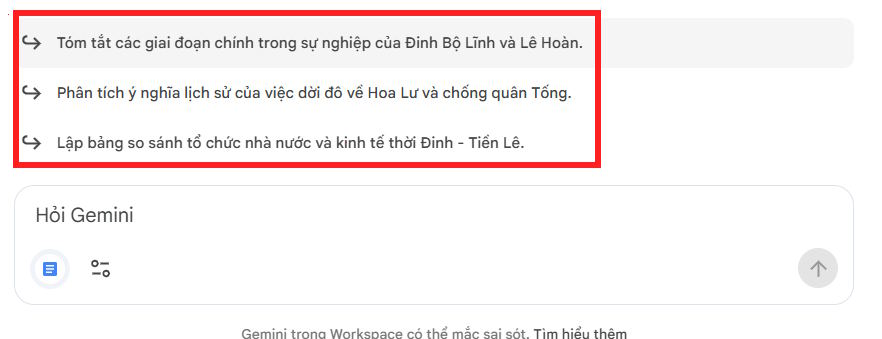 Câu hỏi gợi ý Gemini phân tích file Google Drive