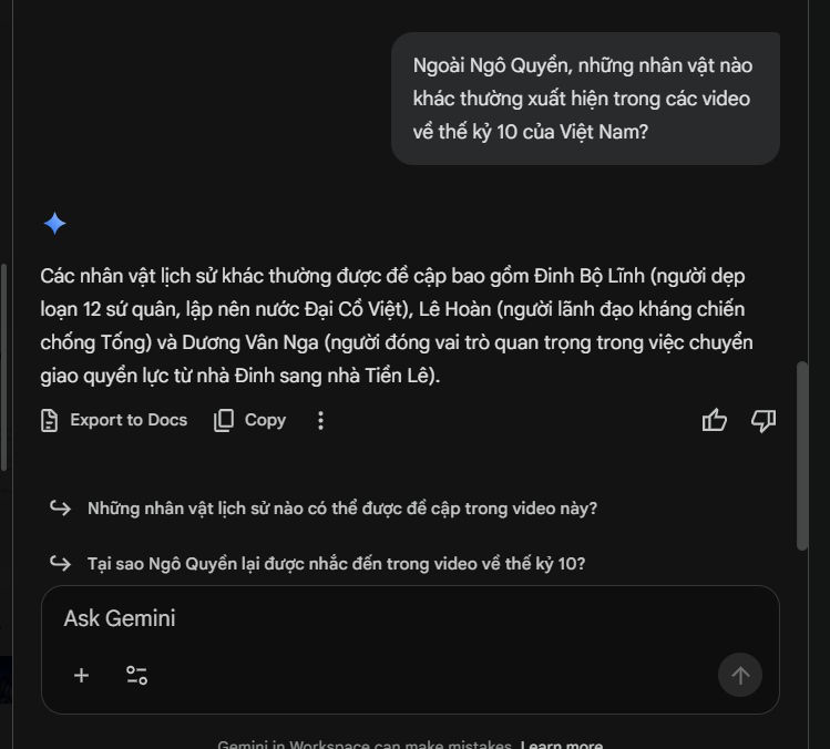 Câu hỏi gợi ý Gemini phân tích video Google Drive