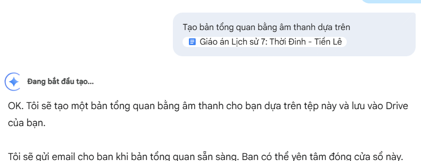 Thông báo tạo bản quan âm thanh Drive bằng Gemini