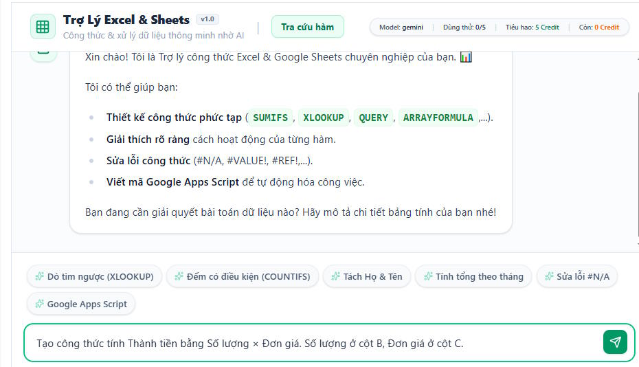 Nhập yêu cầu xử lý trong Trợ lý Excel & Sheets