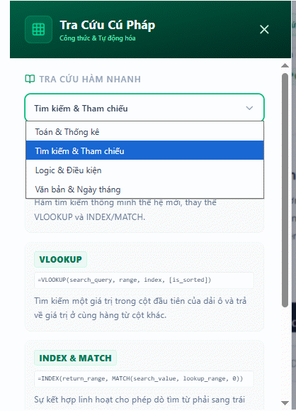 Tra cứu hàm trên Trợ lý Excel & Sheets