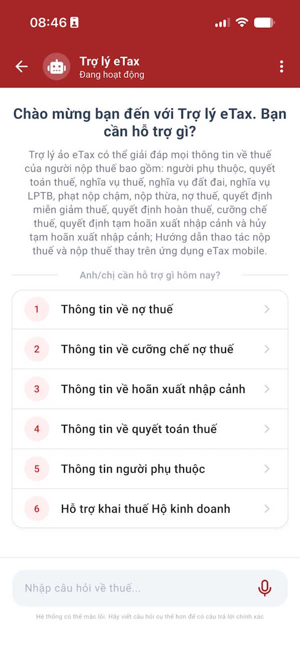 Giao diện chatbotAI trên eTax Mobile
