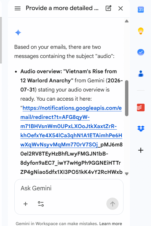 Kết quả Gemini tìm kiếm email trong Gmail