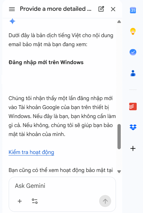 Gemini dịch email trong Gmail
