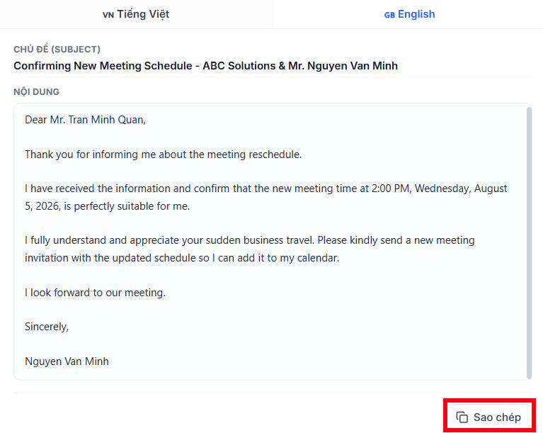 Tool trợ lý email viết email tiếng Anh