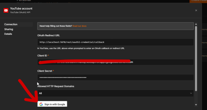 tạo credential YouTube trong n8n