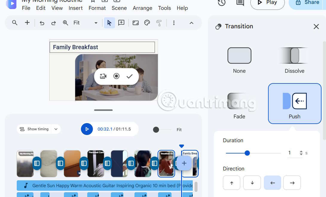 Chỉnh hiệu ứng chuyển cảnh AI trên Google Vids