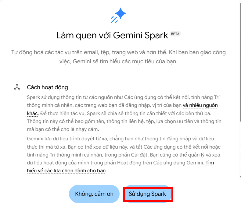 Thông báo về Gemini Spark