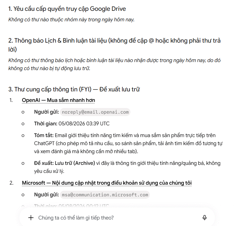 Kết quả tác vụ quét Gmail trên Gemini Spark