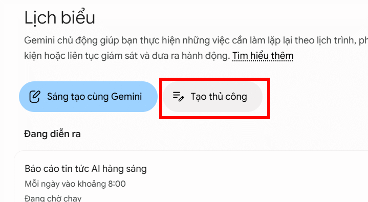 Tạo thủ công lịch trình trên Gemini Spark