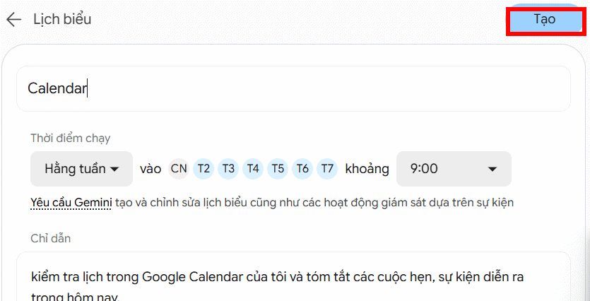 Chỉ dẫn cho lịch trình trên Gemini Spark