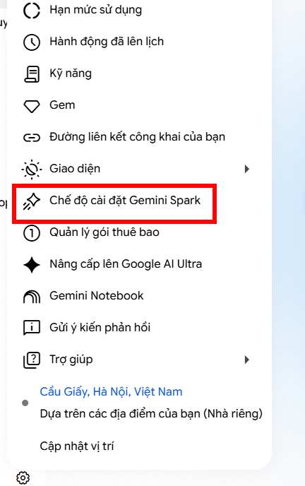 Chế độ cài đặt Gemini Spark
