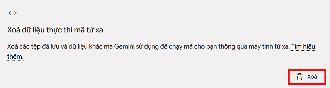 Chọn Xóa dữ liệu mã thực thi từ xa Gemini Spark
