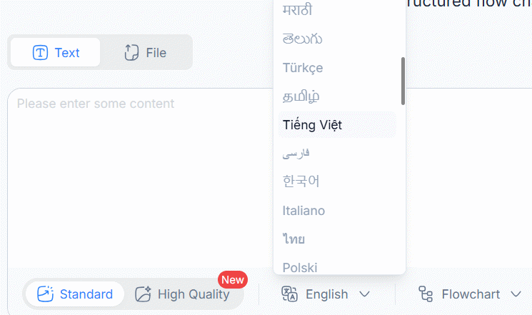 Chọn ngôn ngữ tiếng Việt Flowchart Generator trên NoteGPT