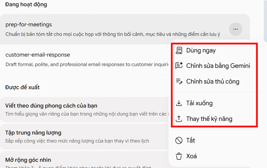 Quản lý kỹ năng tạo trên Gemini Spark