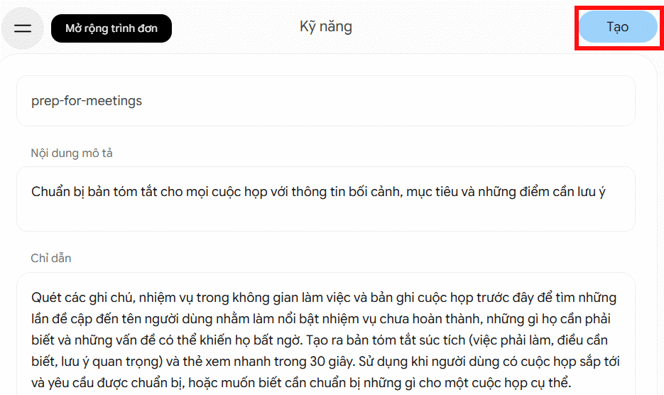 Tạo kỹ năng từ đề xuất trên Gemini Spark