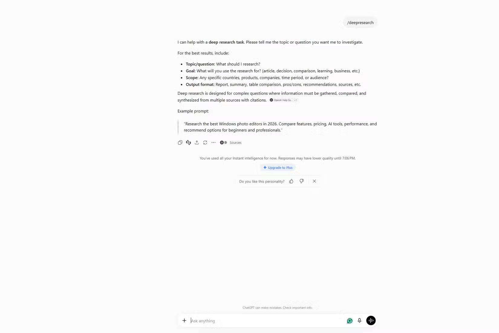 ChatGPT hướng dẫn cách soạn thảo yêu cầu Deep Research, kèm ví dụ về câu lệnh so sánh các phần mềm chỉnh sửa ảnh tốt nhất trên Windows vào năm 2026