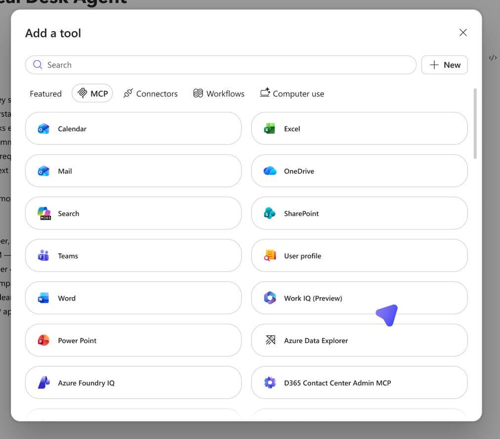 Chọn Work IQ trên trang Add Tool