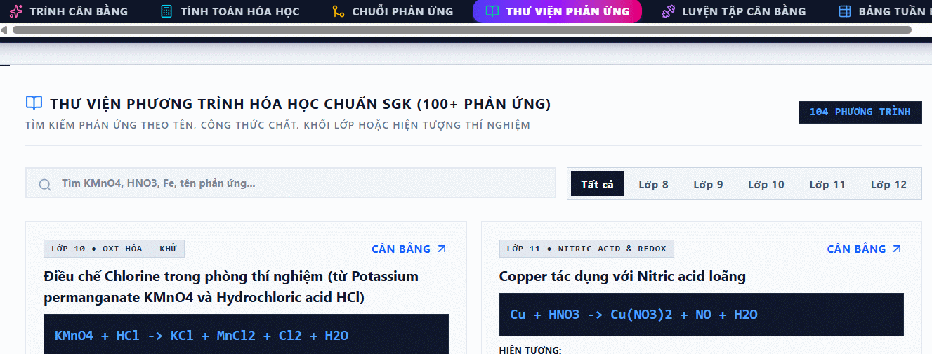 Công cụ Cân bằng phương trình hóa học tự động 