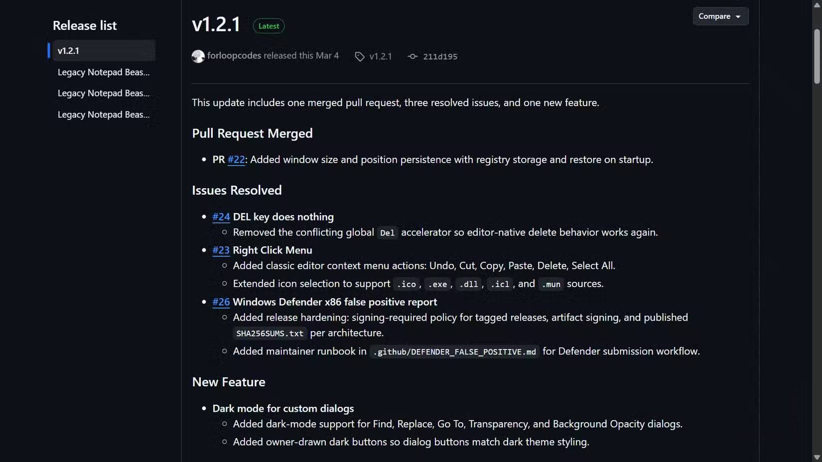 Ghi chú phát hành trên GitHub về các bản cập nhật của Legacy Notepad phiên bản 1.2.1