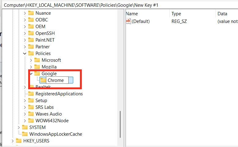 Tạo thư mục con Chrome trong Registry