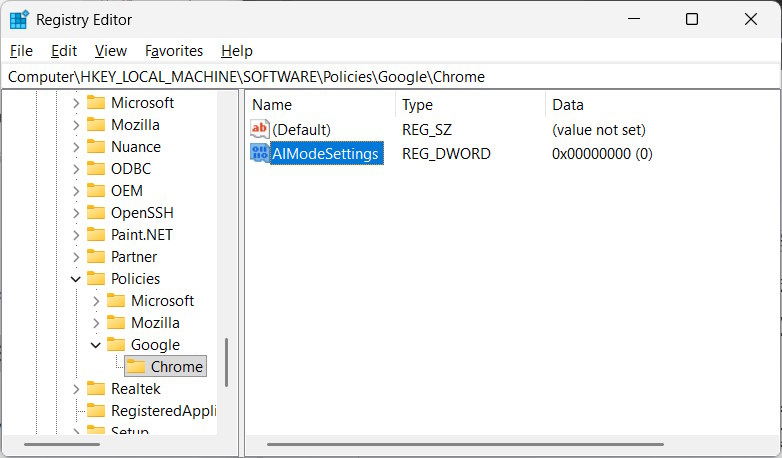 Giá trị AIModeSettings trong Registry
