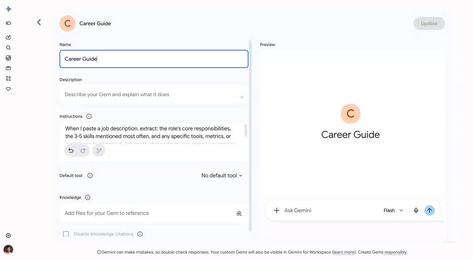Google Gemini hiển thị màn hình tạo Gem hướng dẫn nghề nghiệp