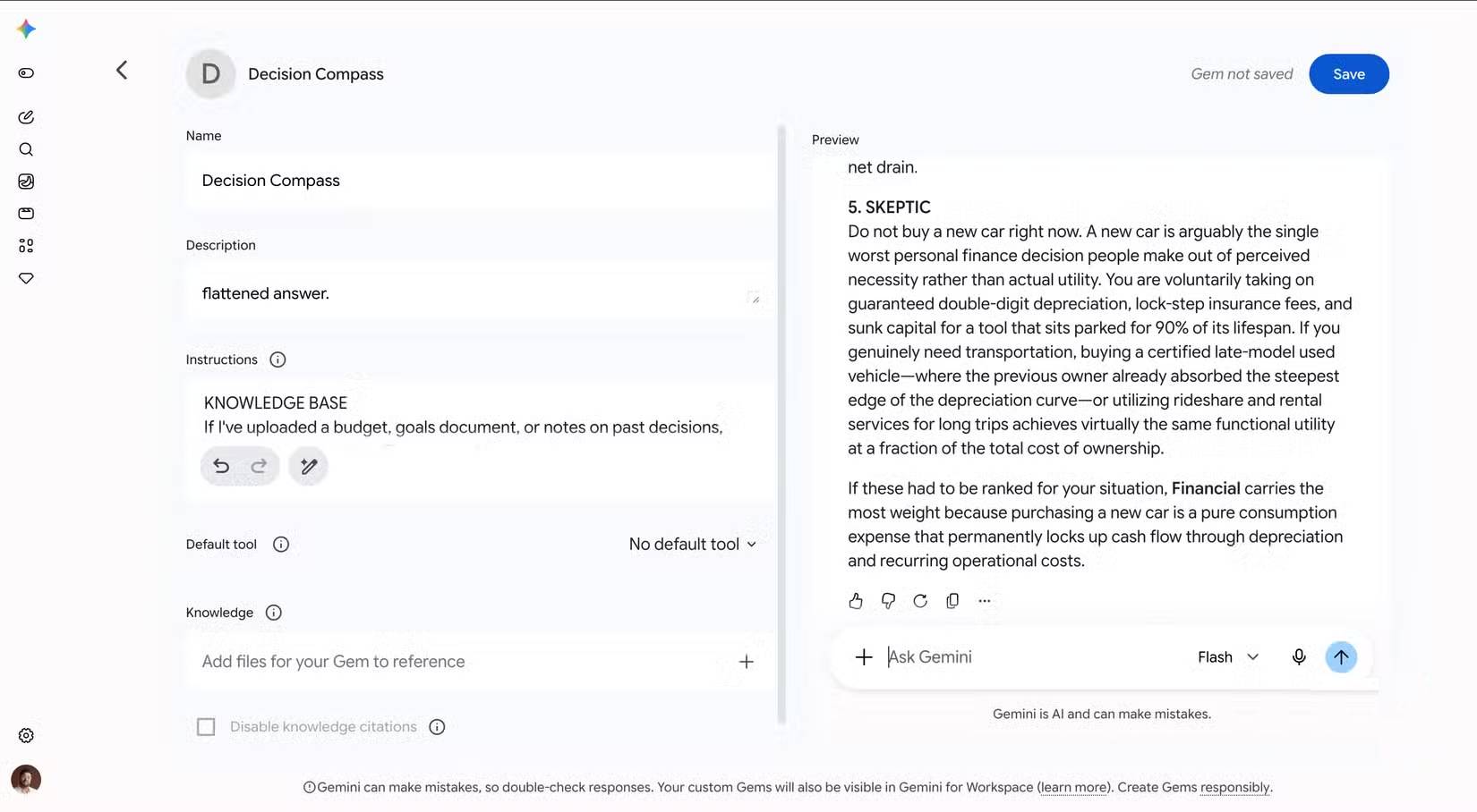 Google Gemini đang hiển thị màn hình tạo Gem "kim chỉ nam"