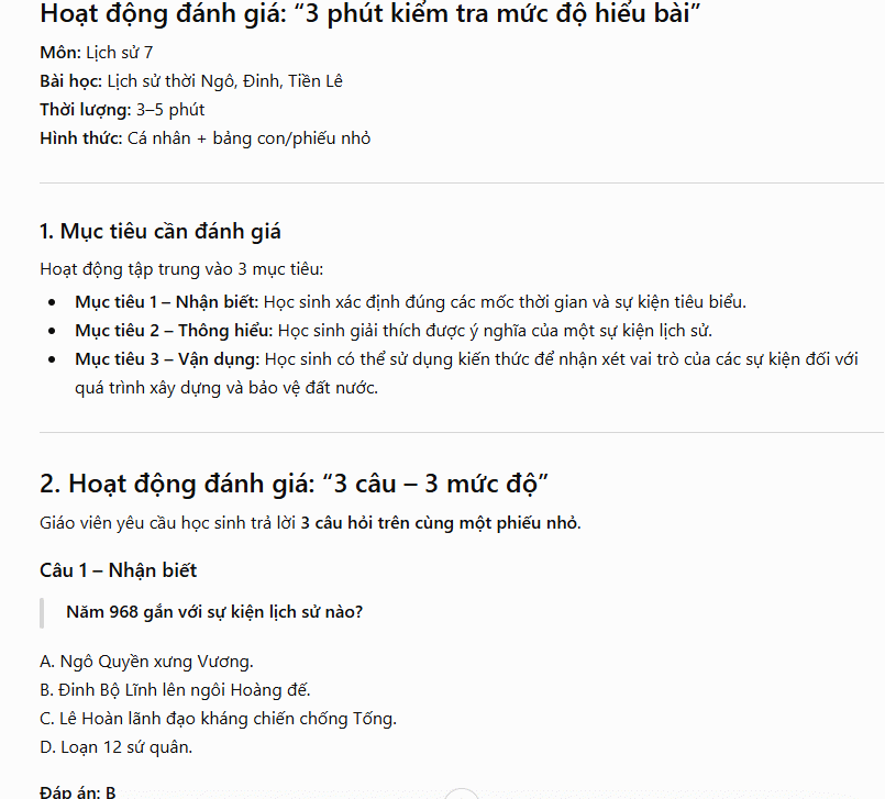 Câu lệnh tạo hoạt động đánh giá