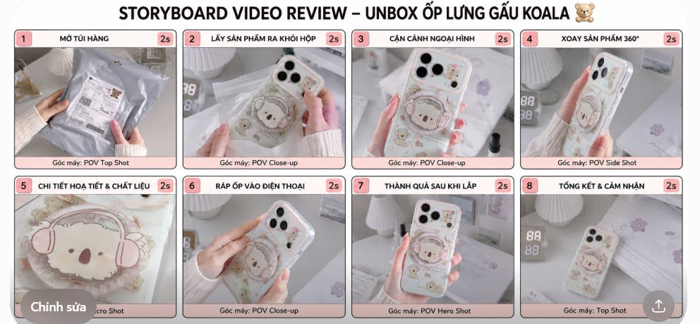 Storyboard unbox sản phẩm tạo trên ChatGPT