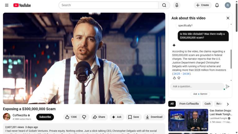 Hỏi Gemini liệu Coffeezilla có thực sự vạch trần vụ lừa đảo trị giá 300 triệu USD trong video hay không 