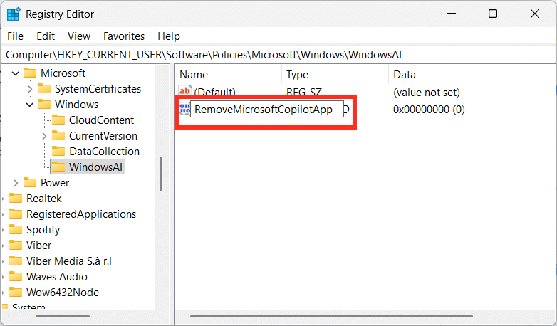 Đặt tên giá trị mới RemoveMicrosoftCopilotApp