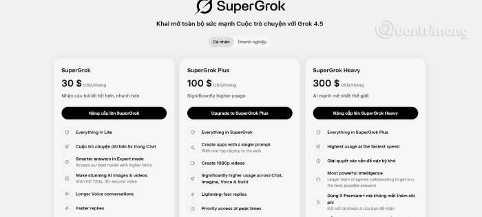 Các gói SuperGrok dành cho người dùng cá nhân