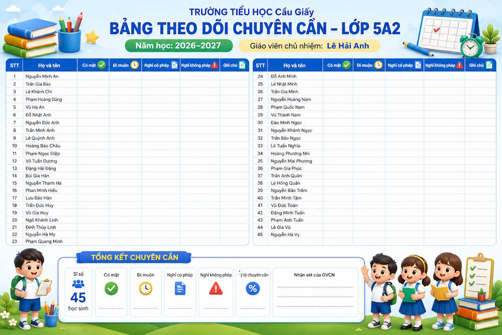 Bảng chuyên cần khổ ngang