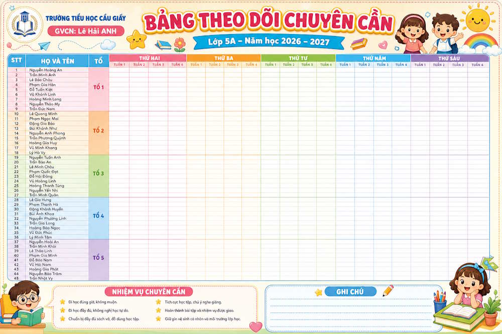 Tạo bảng chuyên cần 